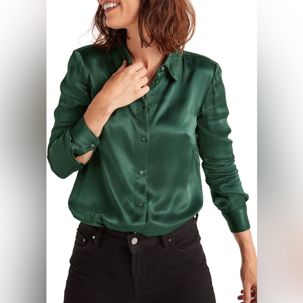 Boden Anita Emerald Green Satin Button-Down Shirt New